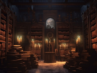 A haunted library at night, shelves filled with ancient books, the faint glow from flickering candles, ghostly figures barely discernible in the background, eerie and mysterious.
