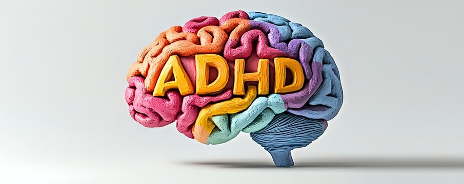 A colorful clay model of a human brain with the word ADHD sculpted into the surface.