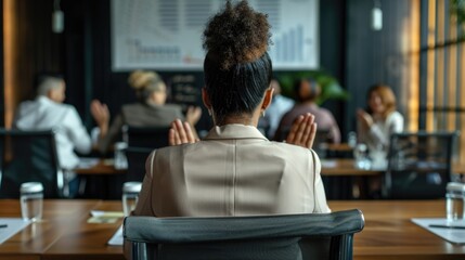 A woman sits in a chair, facing a group of people
