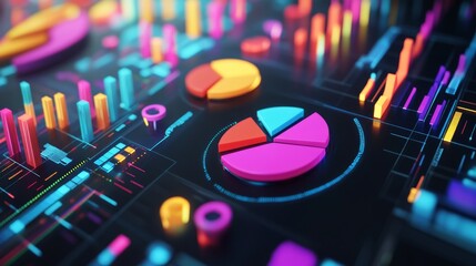 3D illustration of customer data analysis with vibrant pie charts and customer icons, showcasing segmented data and insights in a sleek, futuristic design