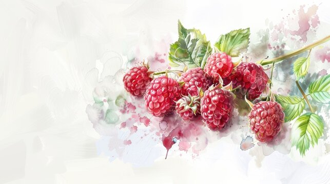 Watercolor drawing painting of rasberry plant fruit
