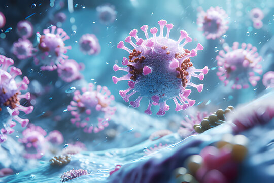 Structure light pink Immune system medical science on blur blue background. 3d illustration proteins with lymphocytes , t cells or cancer cells disease.