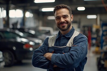 Obraz premium In a modern auto repair shop, garage, male technician cross arms with his hands on his hips.