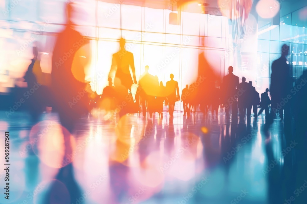 Poster An image of an expo or convention background with blurred individuals in an exposition hall. A concept image for a corporate marketing campaign, an international exhibition, or an event fair.
