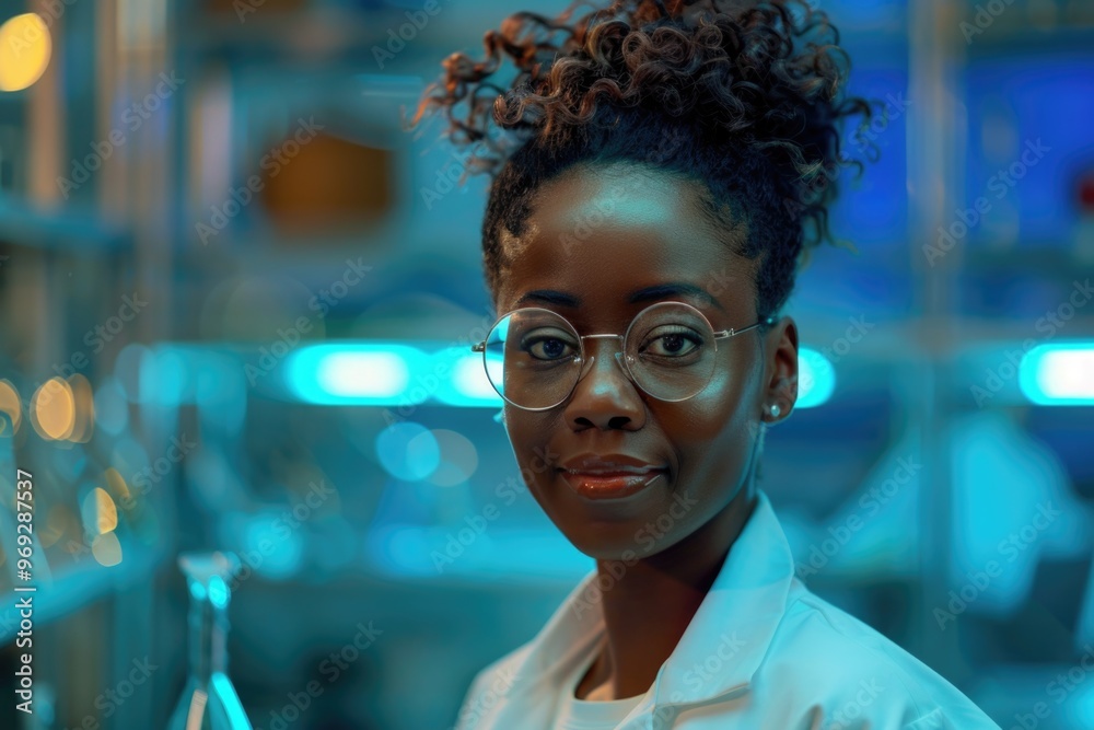 Poster A scientist woman wearing glasses and a lab coat, possibly working in a laboratory or office setting