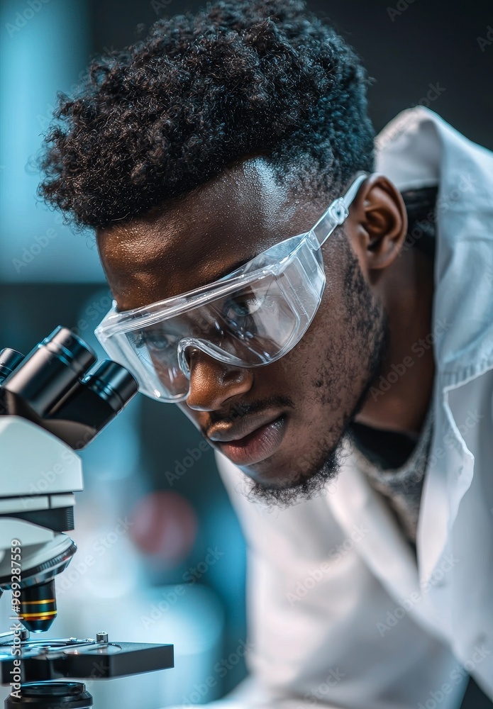 Poster an african scientist or researcher with lab equipment, pathology, or biotechnology with a vaccine, t