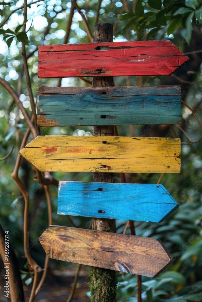Poster Wooden sign with arrows pointing in multiple directions, useful for maps, navigation, and wayfinding