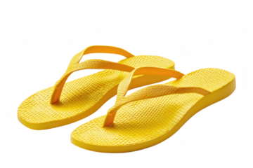 Bright yellow flip-flops on a white background. Perfect for summer beach days, casual outdoor activities or lounging by the pool.