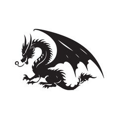 Fantasy Dragon Silhouette - Mythical Creature Outline, Vector drawing of a black dragon silhouette that sits