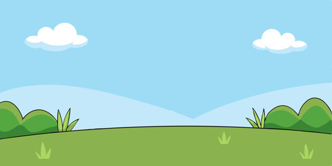 Obraz premium a simple cartoon-style landscape. It features a clear blue sky with two fluffy white clouds. In the foreground, there is a green grassy field with a few small tufts of grass