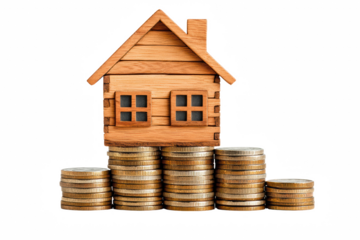 Wooden house model on stacked coins representing real estate investment, savings, and mortgage concept for financial or housing market themes.