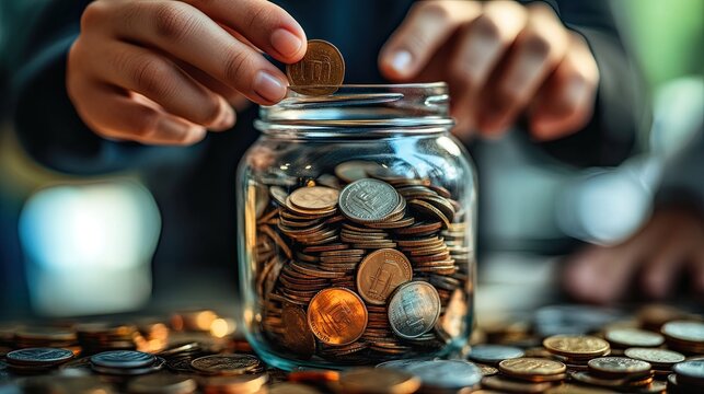 5. A close-up of hands dropping coins into a transparent donation jar during a fundraising event at a community center.