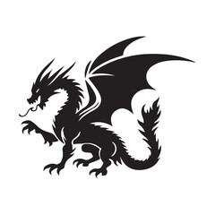 Fantasy Dragon Silhouette - Mythical Creature Outline, Vector drawing of a black dragon silhouette that sits
