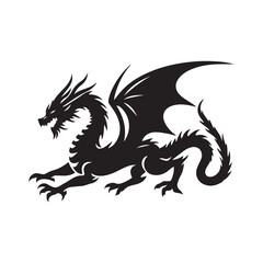 Fantasy Dragon Silhouette - Mythical Creature Outline, Vector drawing of a black dragon silhouette that sits