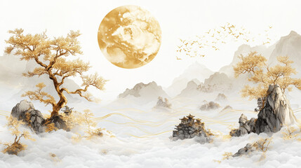 a traditional Chinese drawing , the Moon of Mid Autumn Festival, gold lines on a white background, mountains surrounded by white clouds