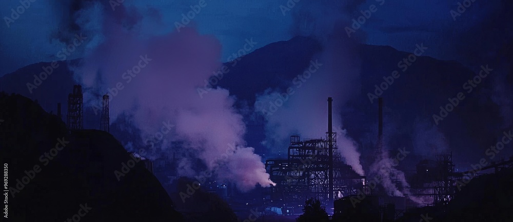 Poster scene of a destroyed factory with smoke ascending from chimneys, post-apocalyptic