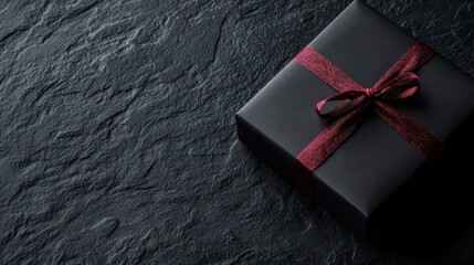 A black gift box with a neat red ribbon bow, creating a minimalist and refined presentation, suitable for elegant and understated gift-giving occasions.