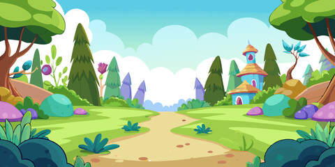 Naklejka premium a colorful, cartoon-style illustration of a whimsical landscape. It features a dirt path winding through a lush, green environment. On either side of the path, there are various types of trees and bus