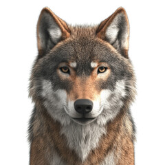 Fototapeta premium Close-up of a majestic wolf with striking eyes and detailed fur, isolated on a white background. Perfect for wildlife and animal graphy enthusiasts.