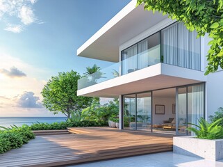 Fototapeta premium 3D rendering of modern sea view home with grass lawns near an empty cobblestone floor for the car park.