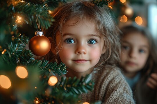 Group of children hanging handmade decorations on a Christmas tree, excited faces, colorful lights, copy space for stock photo with minimal concept, No logo, No Trademark, No text