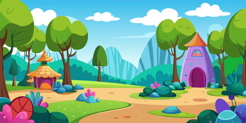 Naklejka premium a colorful, cartoon-style illustration of a whimsical landscape. It features a path winding through a forest with lush green trees. On the left side, there is a small, round, orange-roofed house