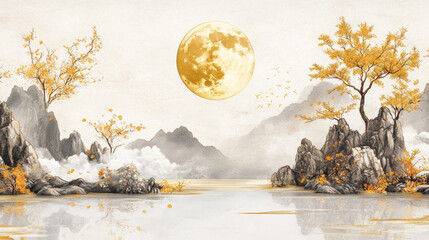 a traditional Chinese drawing , the Moon of Mid Autumn Festival, gold lines on a white background, mountains surrounded by white clouds