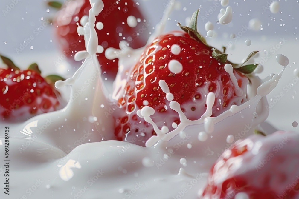 Sticker Fresh strawberries with milk droplets