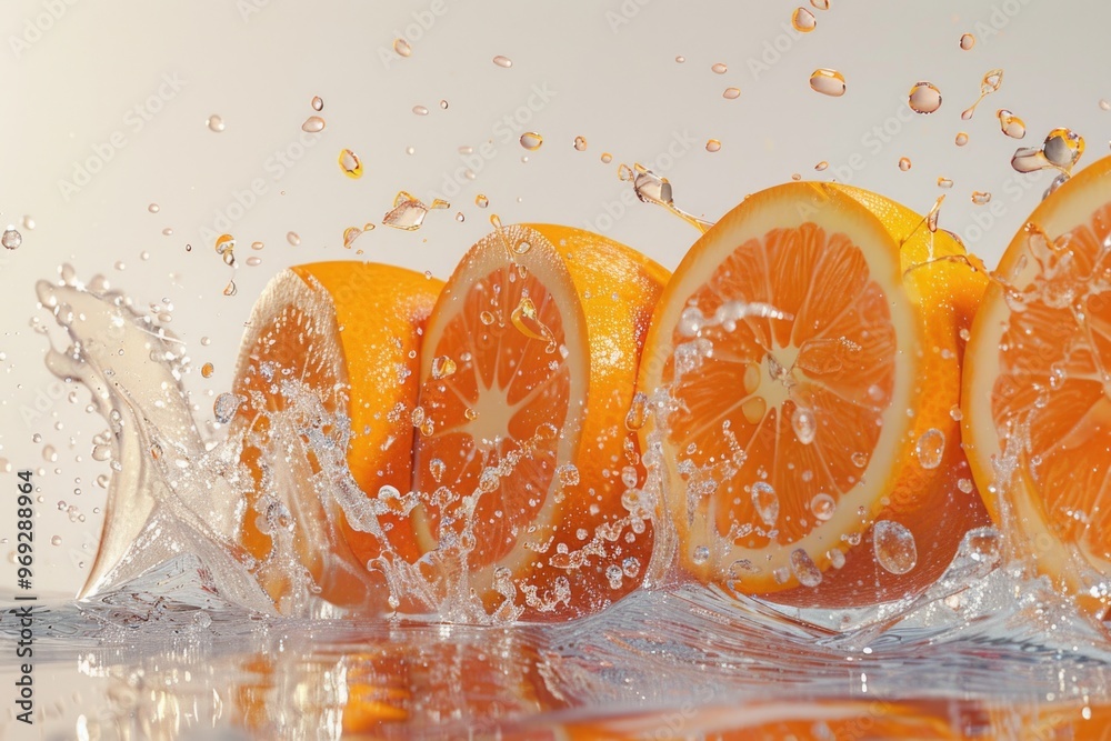 Poster fresh oranges falling into water with ripples and reflections