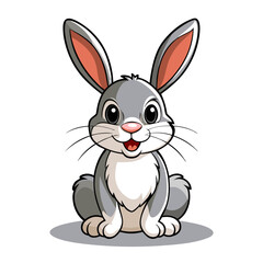Fototapeta premium a cartoon illustration of a cute, gray rabbit sitting down. The rabbit has large, upright ears with pink insides, big round eyes, and a small pink nose. It has a white belly and a fluffy tail