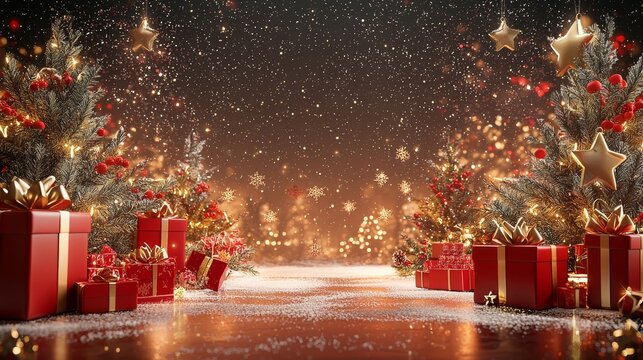 An illumination of Christmas trees with red and golden garlands into a forest with snowflakes taking the shape of stars close to Xmas gifts in red boxes, Stock Illustration