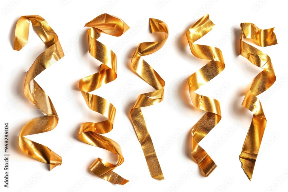 Poster a collection of shiny golden ribbons placed neatly on a white background