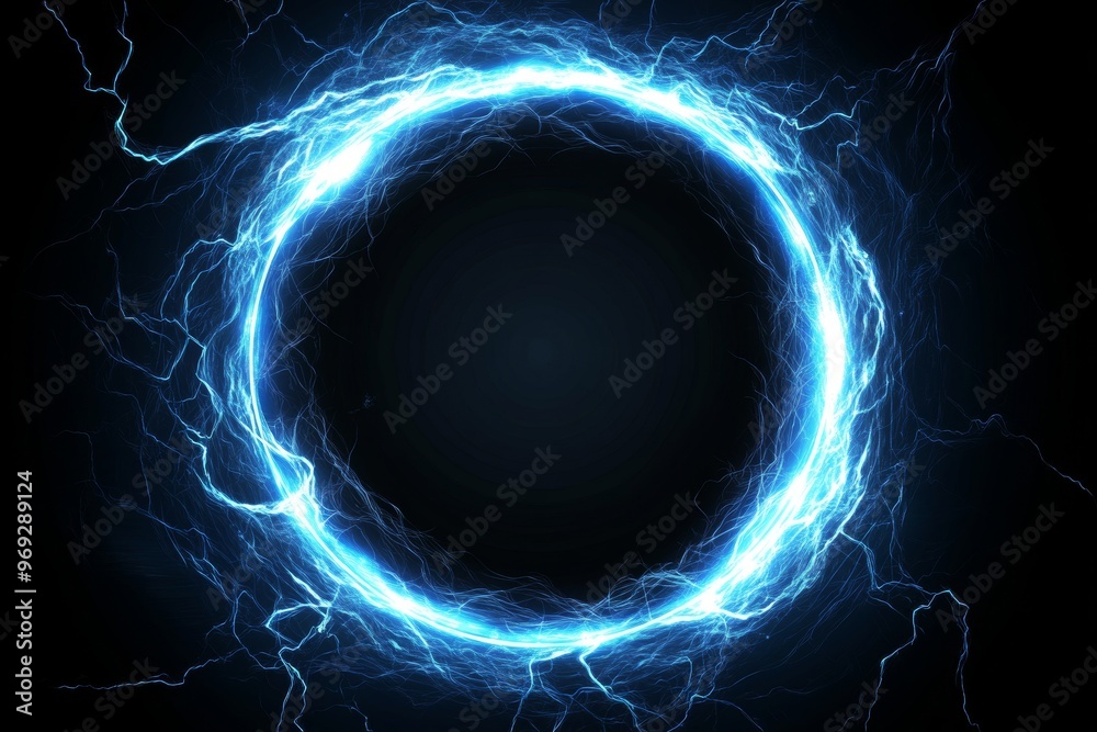 Poster a blue circle light frame on black background. blue light effects on round placeholders for your tex