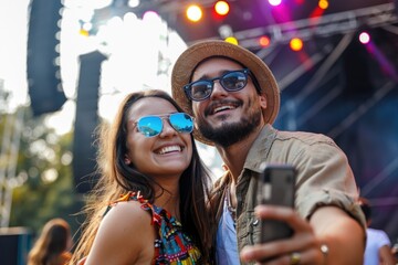 A couple takes a selfie together at a lively music festival, surrounded by colorful lights and energetic atmosphere