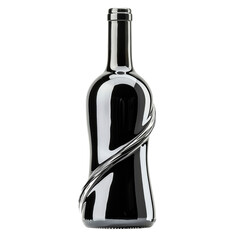 Elegant black wine bottle with unique spiral design on white background, perfect for modern packaging or luxury beverage branding concepts.