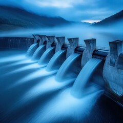 Fototapeta premium Hydroelectric Dam Water Flowing Over Spillways at Dusk
