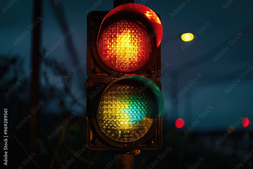 Poster A close-up shot of a red and yellow traffic light with details on the color scheme
