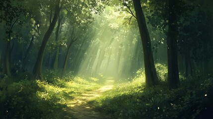 Lush green forest with sunlight filtering through the leaves, casting dappled light on a winding path.