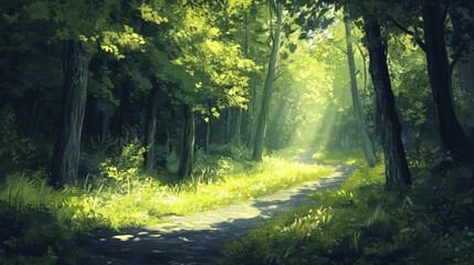 Obraz premium Lush green forest with sunlight filtering through the leaves, casting dappled light on a winding path.