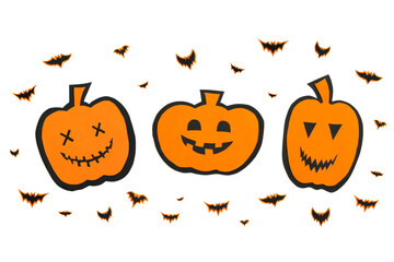 Happy halloween pumpkin smile and bats make from black paper cut on white background, Decorative Halloween concept