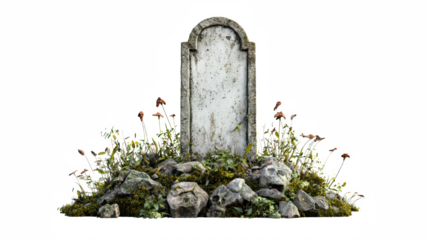 Weathered tombstone surrounded by skulls, rocks, and wild plants. The gravestone shows age and wear, set amidst a natural, overgrown environment.