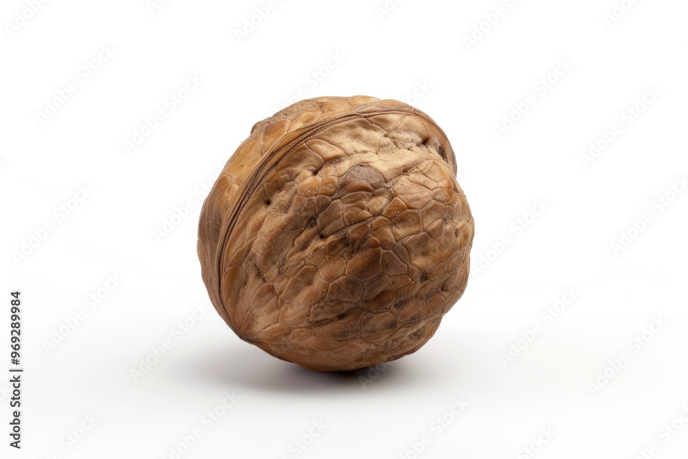 Poster a single walnut shell sitting on a clean white background