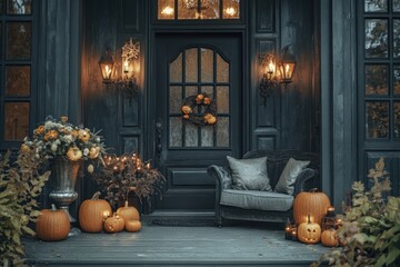 Obraz premium Halloween-themed front porch halloween decorations pumpkins.