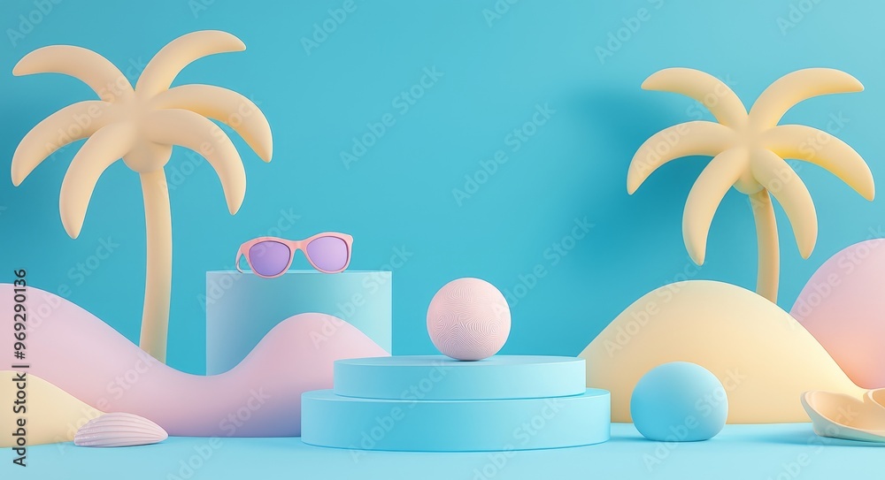 Poster the summer season decoration elements theme is shown in the 3d render of a minimal podium stand for 