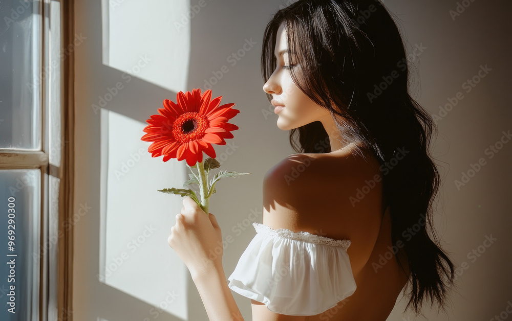 Poster A woman in an off-the-shoulder white dress holds a red gerbera flower against the light, which is a beautiful photo for Instagram and social networks.