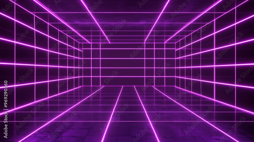 Aufkleber 3D render, neon pink speed light trail and floating cube with abstract highway patch, modern technology background design.