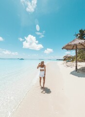 Obraz premium Woman walking along a pristine beach with clear blue water and a bright sky.