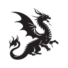 Fantasy Dragon Silhouette - Mythical Creature Outline, Vector drawing of a black dragon silhouette that sits