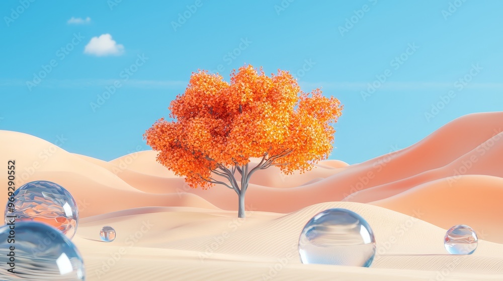Poster the image is a 3d rendition of a surreal landscape with a gold tree and grass against a pastel dune 