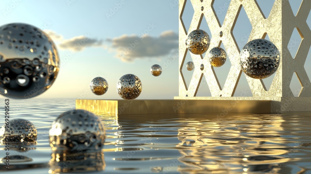 Poster in this 3d render, you will see a pastel yellow podium on a dunes with a glass ball reflection refle